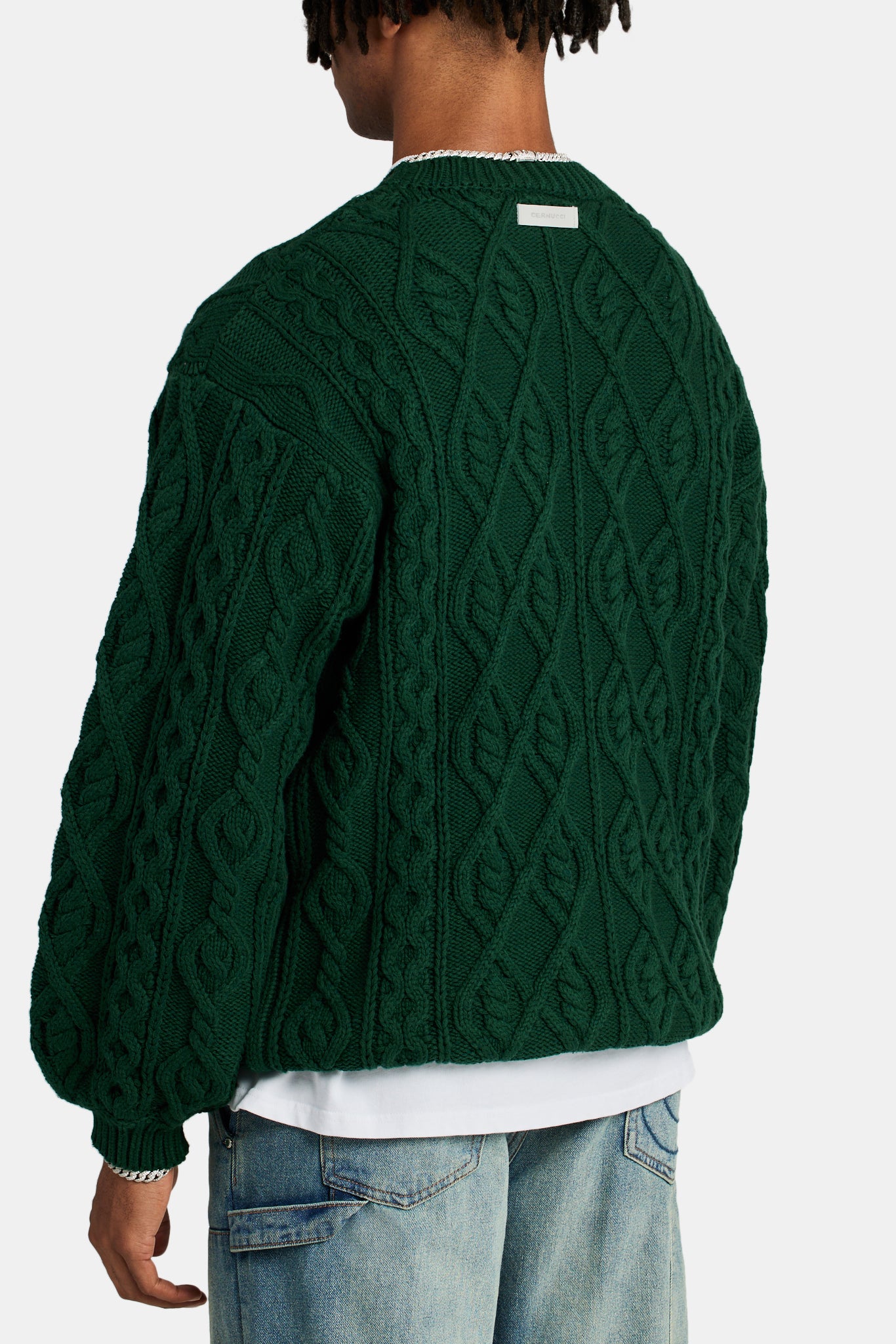 Cable Knit Varsity Sweater - Forest Green